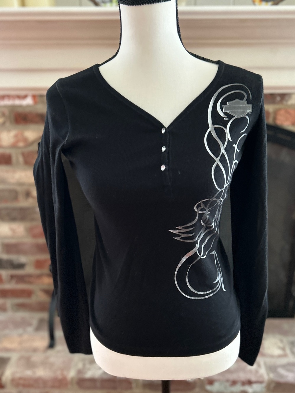 Harley Davidson Long Sleeve Black Henley with Rhinestone Buttons, Size Small